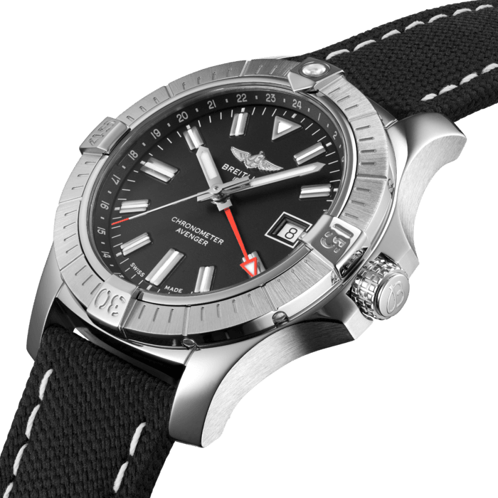 Bold, extremely robust and shock resistant, the Avenger Automatic GMT 43 features an additional red hand indicating a second time zone. As a true Breitling Avenger, it can be used wearing gloves and offers unrivalled safety and reliability to any airborne adventurer. The Avenger Automatic GMT 43 features a sturdy 43 mm stainless-steel case, black dial, and a choice of a stainless-steel bracelet or a black military leather strap that fits either a stainless-steel pin buckle or folding clasp. Thanks to its rugged bezel and its special grip pattern on the crown, the Avenger Automatic GMT 43 can be easily operated wearing gloves.