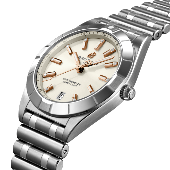 Stylish yet elegant, the modern-retro inspired Chronomat 32 is the versatile sporty and chic watch for any occasion.
It is available in an array of metal cases, from cool stainless steel, to goes-with-everything bicolor, or even luxurious 18k red gold. Women craving extra sparkle will also be able to opt for diamond-set bezels, indices, and colorful dials. Featuring Breitling’s iconic and comfortable “Rouleaux” bracelet with a butterfly clasp, the Chronomat 32 is powered by the Breitling Caliber 77, a COSC-certified SuperQuartz™ chronometer.
