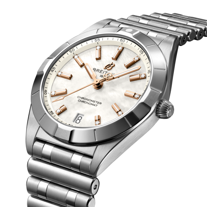 Stylish yet elegant, the modern-retro inspired Chronomat 32 is the versatile sporty and chic watch for any occasion.
It is available in an array of metal cases, from cool stainless steel, to goes-with-everything bicolor, or even luxurious 18k red gold. Women craving extra sparkle will also be able to opt for diamond-set bezels, indices, and colorful dials. Featuring Breitling’s iconic and comfortable “Rouleaux” bracelet with a butterfly clasp, the Chronomat 32 is powered by the Breitling Caliber 77, a COSC-certified SuperQuartz™ chronometer.