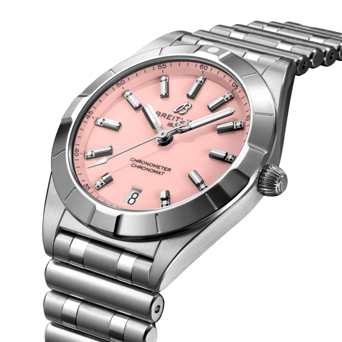Stylish yet elegant, the modern-retro inspired Chronomat 32 is the versatile sporty and chic watch for any occasion.
It is available in an array of metal cases, from cool stainless steel, to goes-with-everything bicolor, or even luxurious 18k red gold. Women craving extra sparkle will also be able to opt for diamond-set bezels, indices, and colorful dials. Featuring Breitling’s iconic and comfortable “Rouleaux” bracelet with a butterfly clasp, the Chronomat 32 is powered by the Breitling Caliber 77, a COSC-certified SuperQuartz™ chronometer.