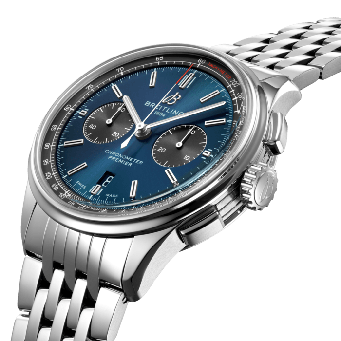 This stunning Premier B01 Chronograph features a 42 mm stainless steel case. Its striking blue dial is highlighted by contrasting black small seconds and 30-minute chronograph counters that indicate the Manufacture mechanical movement inside. A transparent sapphire caseback reveals its self-winding high-performance chronometer-certified chronograph caliber, the Manufacture Breitling Caliber 01, which is delivered with a five-year warranty. The Premier B01 Chronograph is available with a seven-row stainless steel bracelet, a crocodile leather strap, or a nubuck leather strap. Elegance and performance worthy of the Breitling Premier name.