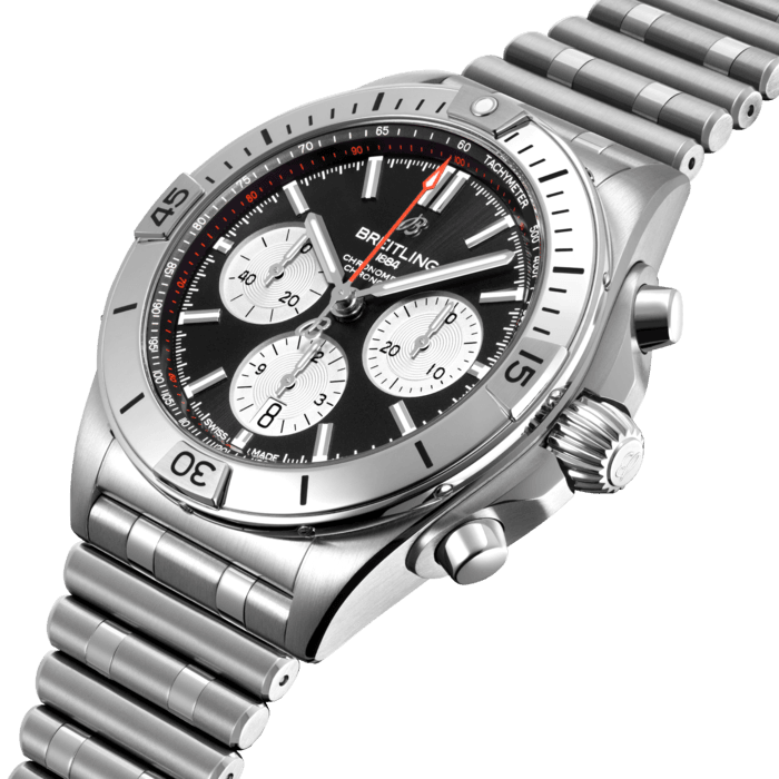 Breitling’s all-purpose watch for your every pursuit.
The Chronomat holds a significant place in Breitling’s history. Introduced in 1984, at a time where extra-thin quartz timepieces were the order of the day, Breitling placed a bold bet on an impressively proportioned mechanical watch.
Based on the Frecce Tricolori chronograph, which had been developed and launched in 1983 in collaboration with the famed Italian aerial squadron, the Chronomat celebrated Breitling’s centenary in style and marked the return of the mechanical chronograph to its rightfully prominent place at the brand which had built its global reputation on these incredible watches.
Available in a variety of materials including stainless steel and 18k red gold, the Chronomat features a 42 mm case and the iconic bezel with the four rider tabs. Available with a range of black, blue, silver, and copper dials, the Chronomat is matched to the signature “Rouleaux” bracelet and is powered by the in-house Breitling Manufacture Caliber 01, a COSC-certified chronometer.