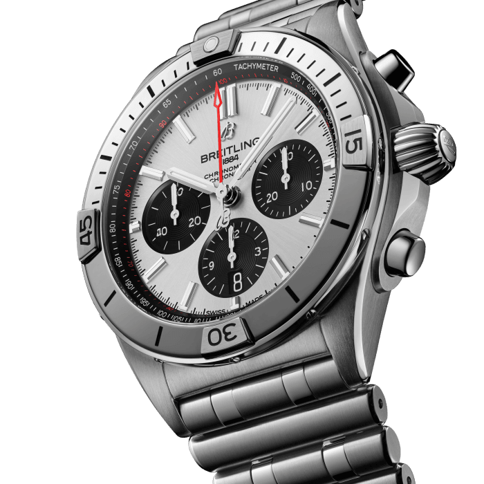 Breitling’s all-purpose watch for your every pursuit.
The Chronomat holds a significant place in Breitling’s history. Introduced in 1984, at a time where extra-thin quartz timepieces were the order of the day, Breitling placed a bold bet on an impressively proportioned mechanical watch.
Based on the Frecce Tricolori chronograph, which had been developed and launched in 1983 in collaboration with the famed Italian aerial squadron, the Chronomat celebrated Breitling’s centenary in style and marked the return of the mechanical chronograph to its rightfully prominent place at the brand which had built its global reputation on these incredible watches.
Available in a variety of materials including stainless steel and 18k red gold, the Chronomat features a 42 mm case and the iconic bezel with the four rider tabs. Available with a range of black, blue, silver, and copper dials, the Chronomat is matched to the signature “Rouleaux” bracelet and is powered by the in-house Breitling Manufacture Caliber 01, a COSC-certified chronometer.