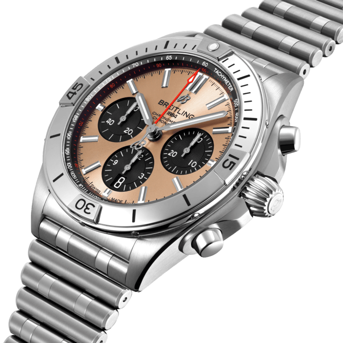 Breitling’s all-purpose watch for your every pursuit.
The Chronomat holds a significant place in Breitling’s history. Introduced in 1984, at a time where extra-thin quartz timepieces were the order of the day, Breitling placed a bold bet on an impressively proportioned mechanical watch.
Based on the Frecce Tricolori chronograph, which had been developed and launched in 1983 in collaboration with the famed Italian aerial squadron, the Chronomat celebrated Breitling’s centenary in style and marked the return of the mechanical chronograph to its rightfully prominent place at the brand which had built its global reputation on these incredible watches.
Available in a variety of materials including stainless steel and 18k red gold, the Chronomat features a 42 mm case and the iconic bezel with the four rider tabs. Available with a range of black, blue, silver, and copper dials, the Chronomat is matched to the signature “Rouleaux” bracelet and is powered by the in-house Breitling Manufacture Caliber 01, a COSC-certified chronometer.