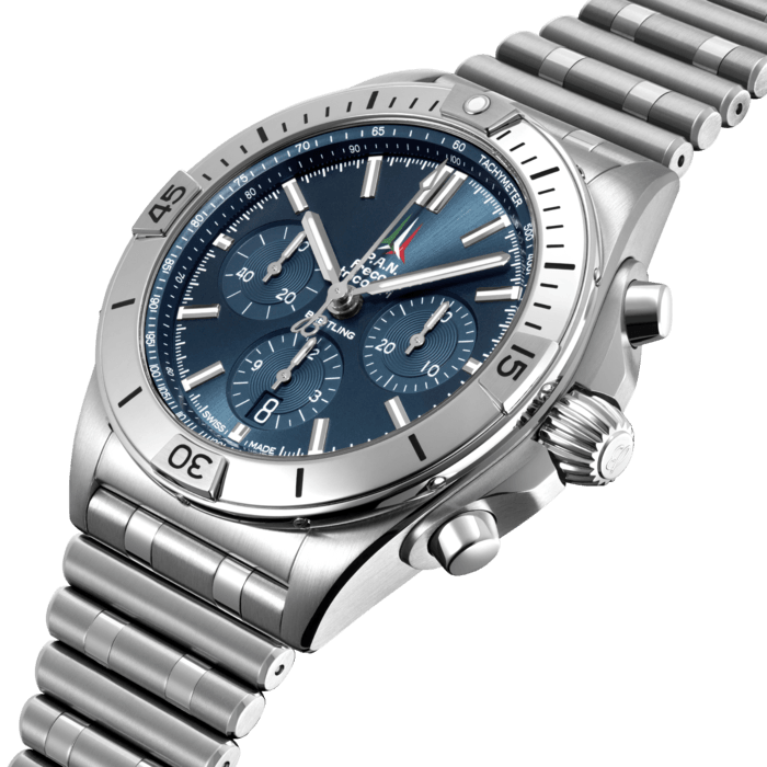 The Chronomat Frecce Tricolori pays tribute to the 1983 chronograph developed for the famed Italian aerial squadron and is limited to 250 pieces.
The Chronomat holds a significant place in Breitling’s history. Introduced in 1984, at a time where extra-thin quartz timepieces were the order of the day, Breitling placed a bold bet on an impressively proportioned mechanical watch.
Based on the Frecce Tricolori chronograph, which had been developed and launched in 1983 in collaboration with the famed Italian aerial squadron, the Chronomat celebrated Breitling’s centenary in style and marked the return of the mechanical chronograph to its rightfully prominent place at the brand which had built its global reputation on these incredible watches.
The Chronomat features a 42 mm case and the iconic bezel with the four rider tabs. Here in stainless steel with a blue dial featuring the Italian aerial squadron’s logo, the Chronomat Frecce Tricolori Limited Edition is matched to the signature “Rouleaux” bracelet and is powered by the in-house Breitling Manufacture Caliber 01, a COSC-certified chronometer. The Chronomat Frecce Tricolori is limited to 250 pieces, all of which are engraved with “ONE OF 250” on the caseback.