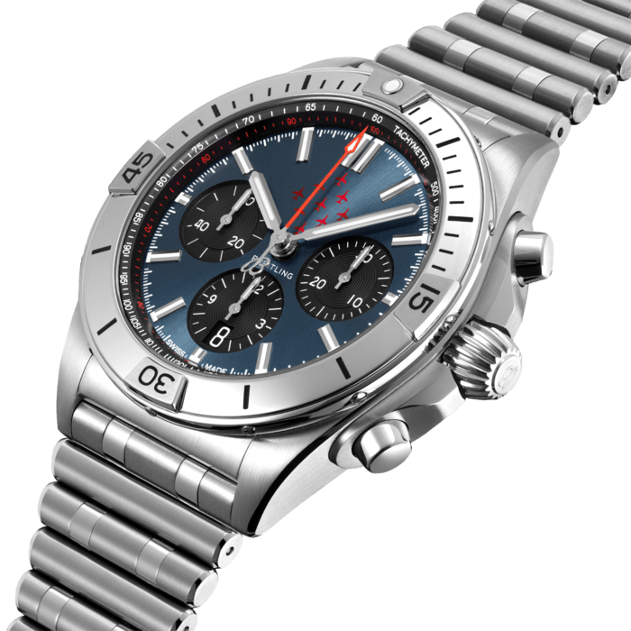 Breitling’s all-purpose watch for your every pursuit, here paying tribute to our 30 year partnership with the Royal Air Force Aerobatic Team, the Red Arrows with a 160 piece limited edition series, honouring each Red Arrows pilot to have flown in the team since its inaugural 1965 season. The Chronomat holds a significant place in Breitling’s history.
Introduced in 1984, at a time where extra-thin quartz timepieces were the order of the day, Breitling placed a bold bet on an impressively proportioned mechanical watch. Based on the Frecce Tricolori chronograph, which had been developed and launched in 1983 in collaboration with the Italian aerial squadron, the Chronomat celebrated Breitling’s centenary in style and marked the return of the mechanical chronograph to its rightfully prominent place at the brand which had built its global reputation on these incredible watches.
Available in stainless steel, the Chronomat B01 42 Red Arrows features a 42 mm case, the iconic bezel with the four rider tabs and a RAF blue dial with the distinctive Red Arrows Diamond Nine logo positioned in a rare execution at 12 o’clock. On the caseback’s sapphire crystal, the Royal Air Force insignia is presented in glorious colour for the first time. Matched to the signature “Rouleaux” bracelet, the Chronomat B01 42 Red Arrows is powered by the in-house Breitling Manufacture Caliber 01, a COSC-certified chronometer.