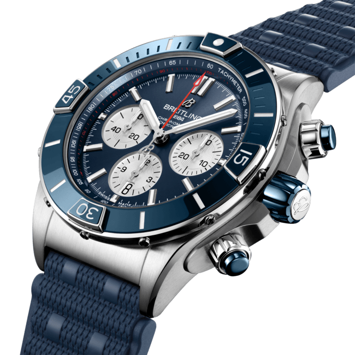 Breitling’s supercharged watch for your every pursuit.
The Super Chronomat is inspired by the original 1980s Chronomat that Breitling created for the hotshots of aerobatic squadrons. The boldest of all Chronomat watches, the Super Chronomat features several ceramic inserts – on the bezel, on the chronograph pushers and on the crown – as well as a Rouleaux-inspired rubber strap. Still, this all-purpose sports watch won’t get in the way of your sense of style.
The Super Chronomat comes in several colour and metal variations, from stainless steel to 18 k red gold. It either features the iconic Rouleaux bracelet or a rubber Rouleaux-inspired strap, matched with a folding clasp. The Super Chronomat B01 44 is powered by the Breitling Manufacture Calibre 01, a COSC-certified chronometer.