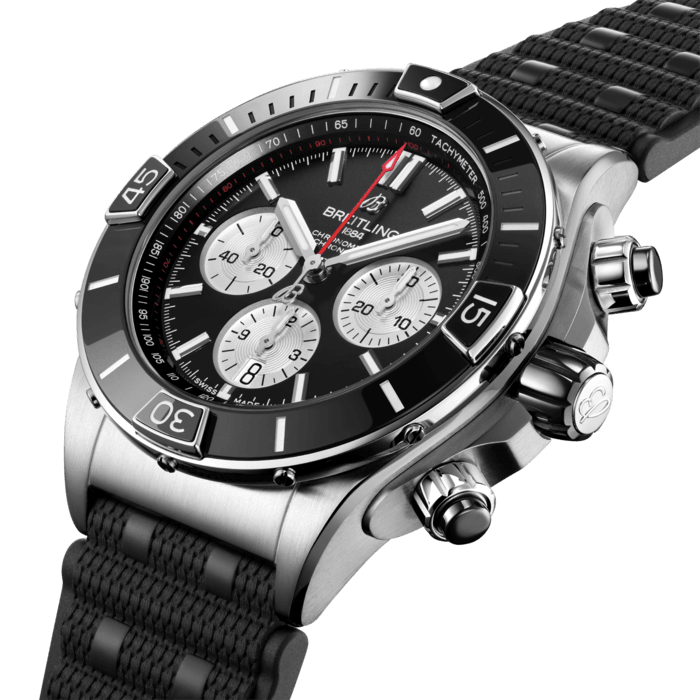 Breitling’s supercharged watch for your every pursuit.
The Super Chronomat is inspired by the original 1980s Chronomat that Breitling created for the hotshots of aerobatic squadrons. The boldest of all Chronomat watches, the Super Chronomat features several ceramic inserts – on the bezel, on the chronograph pushers and on the crown – as well as a Rouleaux-inspired rubber strap. Still, this all-purpose sports watch won’t get in the way of your sense of style.
The Super Chronomat comes in several colour and metal variations, from stainless steel to 18 k red gold. It either features the iconic Rouleaux bracelet or a rubber Rouleaux-inspired strap, matched with a folding clasp. The Super Chronomat B01 44 is powered by the Breitling Manufacture Calibre 01, a COSC-certified chronometer.