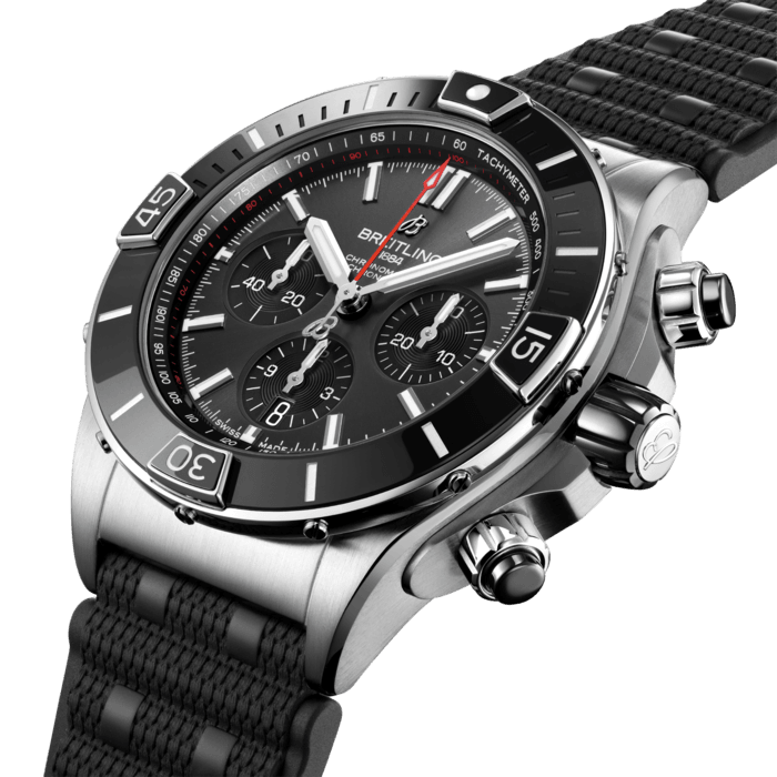 Breitling’s supercharged watch for your every pursuit.
The Super Chronomat is inspired by the original 1980s Chronomat that Breitling created for the hotshots of aerobatic squadrons. The boldest of all Chronomat watches, the Super Chronomat features several ceramic inserts – on the bezel, on the chronograph pushers and on the crown – as well as a Rouleaux-inspired rubber strap. Still, this all-purpose sports watch won’t get in the way of your sense of style.
The Super Chronomat comes in several colour and metal variations, from stainless steel to 18 k red gold. It either features the iconic Rouleaux bracelet or a rubber Rouleaux-inspired strap, matched with a folding clasp. The Super Chronomat B01 44 is powered by the Breitling Manufacture Calibre 01, a COSC-certified chronometer.