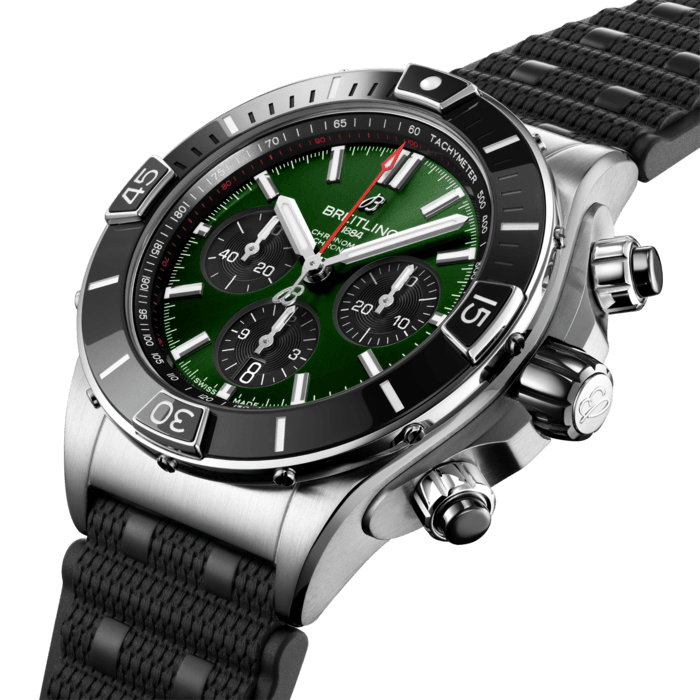 Breitling’s supercharged watch for your every pursuit.
The Super Chronomat is inspired by the original 1980s Chronomat that Breitling created for the hotshots of aerobatic squadrons. The boldest of all Chronomat watches, the Super Chronomat features several ceramic inserts – on the bezel, on the chronograph pushers and on the crown – as well as a Rouleaux-inspired rubber strap. Still, this all-purpose sports watch won’t get in the way of your sense of style.
The Super Chronomat comes in several colour and metal variations, from stainless steel to 18 k red gold. It either features the iconic Rouleaux bracelet or a rubber Rouleaux-inspired strap, matched with a folding clasp. The Super Chronomat B01 44 is powered by the Breitling Manufacture Calibre 01, a COSC-certified chronometer.