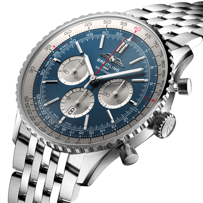 Breitling’s iconic pilot’s chronograph – for the journey.
In 1952, Willy Breitling developed a wrist-worn chronograph with a circular slide rule that would allow pilots to perform all necessary flight calculations. Two years later, the Aircraft Owners and Pilots Association (AOPA) announced the design as its official timepiece. The “navigation timer” – or Navitimer – was born.
The AOPA was (and remains) the largest pilots’ club in the world, counting nearly every US aviator among its ranks. As the defacto pilot’s watch throughout the glory days of civil aviation, the Navitimer was worn by airline captains and aircraft enthusiasts. It even made its way into space on the wrist of astronaut Scott Carpenter in 1962. And it wasn’t only pilots drawn to the watch’s irrepressible aesthetic. Celebrities of the day such as Miles Davis and Serge Gainsbourg were devotees, proving that the Navitimer had style as well as function.
There have been many iterations of Breitling’s icon since its debut 70 years ago, but this new Navitimer captures its most classic features, while enhancing them with modern refinements. A flattened slide rule and a domed crystal create the illusion of a sleeker profile. Alternating polished and brushed metal elements give a lustrous, yet understated finish. Most notably, new colors in shades of blue, green and copper, define the updated dial options. And if there is one update sure to spark nostalgia, it’s the return of the AOPA wings to their original position at 12 o’clock.
For 70 years, Breitling’s original pilot’s watch has been beloved by aviators and tastemakers in equal measure. Worn by astronauts in space and the biggest stars on earth, it is Breitling’s most iconic timepiece and one of the most recognizable watches of all time.