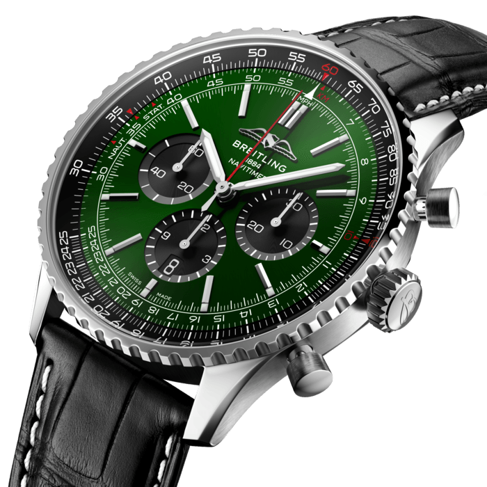 Breitling’s iconic pilot’s chronograph – for the journey.
In 1952, Willy Breitling developed a wrist-worn chronograph with a circular slide rule that would allow pilots to perform all necessary flight calculations. Two years later, the Aircraft Owners and Pilots Association (AOPA) announced the design as its official timepiece. The “navigation timer” – or Navitimer – was born.
The AOPA was (and remains) the largest pilots’ club in the world, counting nearly every US aviator among its ranks. As the defacto pilot’s watch throughout the glory days of civil aviation, the Navitimer was worn by airline captains and aircraft enthusiasts. It even made its way into space on the wrist of astronaut Scott Carpenter in 1962. And it wasn’t only pilots drawn to the watch’s irrepressible aesthetic. Celebrities of the day such as Miles Davis and Serge Gainsbourg were devotees, proving that the Navitimer had style as well as function.
There have been many iterations of Breitling’s icon since its debut 70 years ago, but this new Navitimer captures its most classic features, while enhancing them with modern refinements. A flattened slide rule and a domed crystal create the illusion of a sleeker profile. Alternating polished and brushed metal elements give a lustrous, yet understated finish. Most notably, new colors in shades of blue, green and copper, define the updated dial options. And if there is one update sure to spark nostalgia, it’s the return of the AOPA wings to their original position at 12 o’clock.
For 70 years, Breitling’s original pilot’s watch has been beloved by aviators and tastemakers in equal measure. Worn by astronauts in space and the biggest stars on earth, it is Breitling’s most iconic timepiece and one of the most recognizable watches of all time.