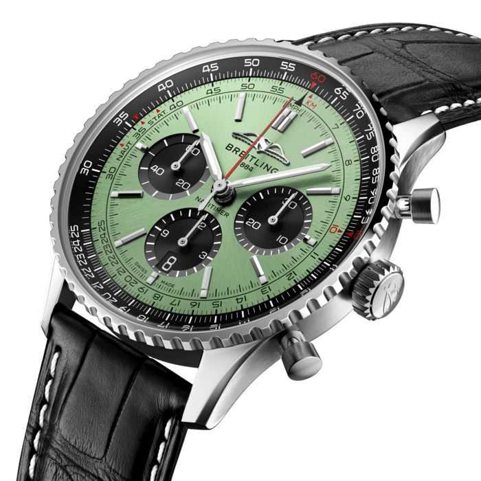 Breitling’s iconic pilot’s chronograph – for the journey.
In 1952, Willy Breitling developed a wrist-worn chronograph with a circular slide rule that would allow pilots to perform all necessary flight calculations. Two years later, the Aircraft Owners and Pilots Association (AOPA) announced the design as its official timepiece. The “navigation timer” – or Navitimer – was born.
The AOPA was (and remains) the largest pilots’ club in the world, counting nearly every US aviator among its ranks. As the defacto pilot’s watch throughout the glory days of civil aviation, the Navitimer was worn by airline captains and aircraft enthusiasts. It even made its way into space on the wrist of astronaut Scott Carpenter in 1962. And it wasn’t only pilots drawn to the watch’s irrepressible aesthetic. Celebrities of the day such as Miles Davis and Serge Gainsbourg were devotees, proving that the Navitimer had style as well as function.
There have been many iterations of Breitling’s icon since its debut 70 years ago, but this new Navitimer captures its most classic features, while enhancing them with modern refinements. A flattened slide rule and a domed crystal create the illusion of a sleeker profile. Alternating polished and brushed metal elements give a lustrous, yet understated finish. Most notably, new colors in shades of blue, green and copper, define the updated dial options. And if there is one update sure to spark nostalgia, it’s the return of the AOPA wings to their original position at 12 o’clock.
For 70 years, Breitling’s original pilot’s watch has been beloved by aviators and tastemakers in equal measure. Worn by astronauts in space and the biggest stars on earth, it is Breitling’s most iconic timepiece and one of the most recognizable watches of all time.