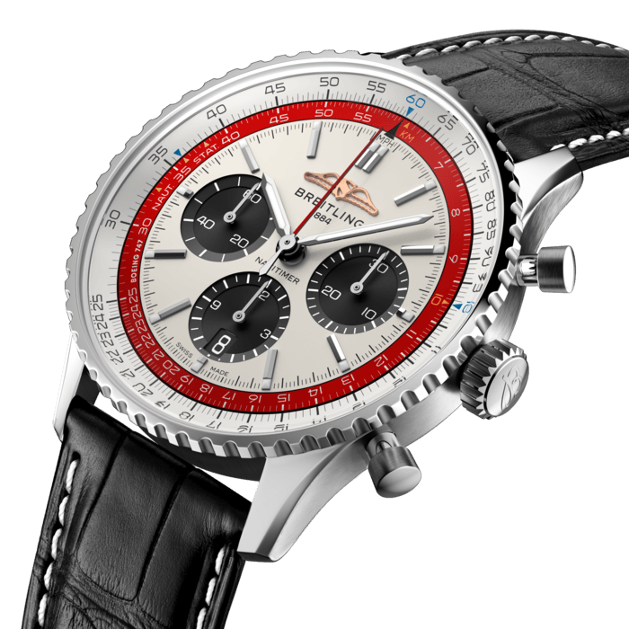 Breitling’s iconic pilot’s chronograph – in a poignant tribute to the “Queen of the Skies.”
In 1952, Willy Breitling developed a wrist-worn chronograph with a circular slide rule that would allow pilots to perform all necessary flight calculations. As the defacto pilot’s watch throughout the glory days of civil aviation, the Navitimer was worn by airline captains and aircraft enthusiasts.
The Boeing 747 made its maiden voyage in 1969, and went on to revolutionize civil aviation, putting long-haul flights within reach of a new generation of air travelers and connecting the world like never before.
As Boeing delivers its last 747, Breitling celebrates two aviation icons with a special-edition Navitimer, limited to 747 pieces.
The Navitimer Boeing 747’s colors echo the palette found on the original aircraft, captured in the cream dial with black subdials, and red inner slide-rule scale with blue accents. The open caseback reveals the exceptional Breitling Manufacture Caliber 01. It is engraved with “One of 747” and the phrase “The Original Jumbo Jet”—providing a poignant tribute to an aircraft that opened the skies and changed the way we travel.