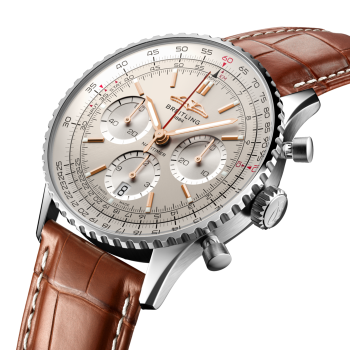 Breitling’s iconic pilot’s chronograph – for the journey.
In 1952, Willy Breitling developed a wrist-worn chronograph with a circular slide rule that would allow pilots to perform all necessary flight calculations. Two years later, the Aircraft Owners and Pilots Association (AOPA) announced the design as its official timepiece. The “navigation timer” – or Navitimer – was born.
The AOPA was (and remains) the largest pilots’ club in the world, counting nearly every US aviator among its ranks. As the defacto pilot’s watch throughout the glory days of civil aviation, the Navitimer was worn by airline captains and aircraft enthusiasts. It even made its way into space on the wrist of astronaut Scott Carpenter in 1962. And it wasn’t only pilots drawn to the watch’s irrepressible aesthetic. Celebrities of the day such as Miles Davis and Serge Gainsbourg were devotees, proving that the Navitimer had style as well as function.
There have been many iterations of Breitling’s icon since its debut 70 years ago, but this new Navitimer captures its most classic features, while enhancing them with modern refinements. A flattened slide rule and a domed crystal create the illusion of a sleeker profile. Alternating polished and brushed metal elements give a lustrous, yet understated finish. Most notably, new colors in shades of blue, green and copper, define the updated dial options. And if there is one update sure to spark nostalgia, it’s the return of the AOPA wings to their original position at 12 o’clock.
For 70 years, Breitling’s original pilot’s watch has been beloved by aviators and tastemakers in equal measure. Worn by astronauts in space and the biggest stars on earth, it is Breitling’s most iconic timepiece and one of the most recognizable watches of all time.