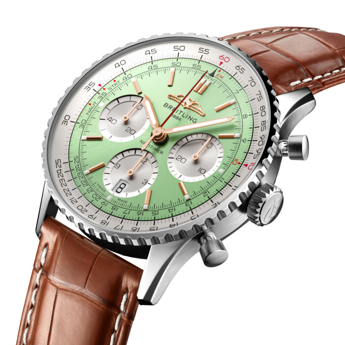 Breitling’s iconic pilot’s chronograph – for the journey.
In 1952, Willy Breitling developed a wrist-worn chronograph with a circular slide rule that would allow pilots to perform all necessary flight calculations. Two years later, the Aircraft Owners and Pilots Association (AOPA) announced the design as its official timepiece. The “navigation timer” – or Navitimer – was born.
The AOPA was (and remains) the largest pilots’ club in the world, counting nearly every US aviator among its ranks. As the defacto pilot’s watch throughout the glory days of civil aviation, the Navitimer was worn by airline captains and aircraft enthusiasts. It even made its way into space on the wrist of astronaut Scott Carpenter in 1962. And it wasn’t only pilots drawn to the watch’s irrepressible aesthetic. Celebrities of the day such as Miles Davis and Serge Gainsbourg were devotees, proving that the Navitimer had style as well as function.
There have been many iterations of Breitling’s icon since its debut 70 years ago, but this new Navitimer captures its most classic features, while enhancing them with modern refinements. A flattened slide rule and a domed crystal create the illusion of a sleeker profile. Alternating polished and brushed metal elements give a lustrous, yet understated finish. Most notably, new colors in shades of blue, green and copper, define the updated dial options. And if there is one update sure to spark nostalgia, it’s the return of the AOPA wings to their original position at 12 o’clock.
For 70 years, Breitling’s original pilot’s watch has been beloved by aviators and tastemakers in equal measure. Worn by astronauts in space and the biggest stars on earth, it is Breitling’s most iconic timepiece and one of the most recognizable watches of all time.