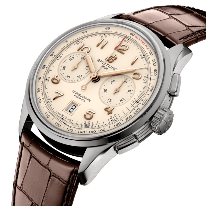 In the early 1940s, Willy Breitling was already dreaming of a time after the war, when utility would give way to unbridled optimism. He began designing a chronograph that would be functional but also undeniably elegant and infinitely wearable—in his words, “the unmistakable stamp of impeccable taste.” He called this new line the Premier.
To create its modern Premier, Breitling preserved distinctive vintage-Premier details, including the smooth fixed bezel, twin-register dial, streamlined rectangular pushers and applied Arabic numerals. The Premier B01 Chronograph 42 is available in an array of dial colors and case materials. It comes on a choice of classic alligator leather strap or sleek 7-row metal bracelet. Today’s Premier also lives up to Willy Breitling’s uncompromising technical standards with its exceptional self-winding movement—the COSC-certified Breitling Manufacture Caliber 01—designed for maximum precision, reliability and functionality.