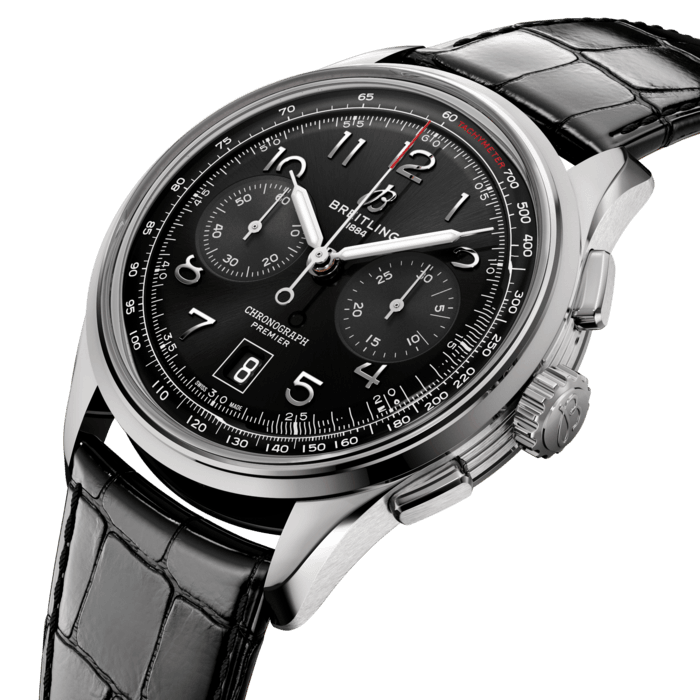 In the early 1940s, Willy Breitling was already dreaming of a time after the war, when utility would give way to unbridled optimism. He began designing a chronograph that would be functional but also undeniably elegant and infinitely wearable—in his words, “the unmistakable stamp of impeccable taste.” He called this new line the Premier.
To create its modern Premier, Breitling preserved distinctive vintage-Premier details, including the smooth fixed bezel, twin-register dial, streamlined rectangular pushers and applied Arabic numerals. The Premier B01 Chronograph 42 is available in an array of dial colors and case materials. It comes on a choice of classic alligator leather strap or sleek 7-row metal bracelet. Today’s Premier also lives up to Willy Breitling’s uncompromising technical standards with its exceptional self-winding movement—the COSC-certified Breitling Manufacture Caliber 01—designed for maximum precision, reliability and functionality.