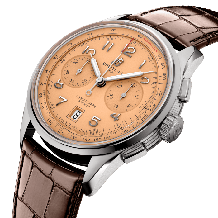 In the early 1940s, Willy Breitling was already dreaming of a time after the war, when utility would give way to unbridled optimism. He began designing a chronograph that would be functional but also undeniably elegant and infinitely wearable—in his words, “the unmistakable stamp of impeccable taste.” He called this new line the Premier.
To create its modern Premier, Breitling preserved distinctive vintage-Premier details, including the smooth fixed bezel, twin-register dial, streamlined rectangular pushers and applied Arabic numerals. The Premier B01 Chronograph 42 is available in an array of dial colors and case materials. It comes on a choice of classic alligator leather strap or sleek 7-row metal bracelet. Today’s Premier also lives up to Willy Breitling’s uncompromising technical standards with its exceptional self-winding movement—the COSC-certified Breitling Manufacture Caliber 01—designed for maximum precision, reliability and functionality.