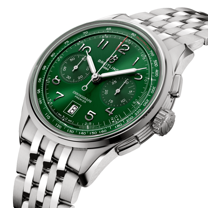 In the early 1940s, Willy Breitling was already dreaming of a time after the war, when utility would give way to unbridled optimism. He began designing a chronograph that would be functional but also undeniably elegant and infinitely wearable—in his words, “the unmistakable stamp of impeccable taste.” He called this new line the Premier.
To create its modern Premier, Breitling preserved distinctive vintage-Premier details, including the smooth fixed bezel, twin-register dial, streamlined rectangular pushers and applied Arabic numerals. The Premier B01 Chronograph 42 is available in an array of dial colors and case materials. It comes on a choice of classic alligator leather strap or sleek 7-row metal bracelet. Today’s Premier also lives up to Willy Breitling’s uncompromising technical standards with its exceptional self-winding movement—the COSC-certified Breitling Manufacture Caliber 01—designed for maximum precision, reliability and functionality.