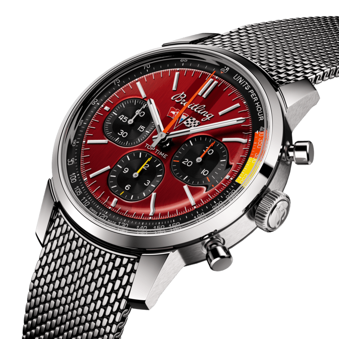 The 1960s was a decade of experimentation, fun, freedom and energy. Whether cruising on a motorcycle or revving up a sportscar, living life at full speed was the order of the day. Willy Breitling felt this change of pace and set out to design an unconventional chronograph that would capture the verve of era. He called it the Top Time.
That spirited tradition continues today with Breitling partnering with some of the coolest names in wheels to create its Top Time designs.
The second-generation Chevrolet Corvette, from the 1963 to 1967 model years, is the most sought-after version of the American legend. The “Sting Ray,” as it was known, took inspiration from a 1959 racing-model prototype. For 60 years, it has captured the imaginations of car lovers around the world with its perfect combination of a low-profile body and a powerful engine that delivers performance whether on the road or on the track.
The Top Time B01 Chevrolet Corvette features the colors and emblem of its classic-car counterpart as well as a perforated leather racing strap, speed-measuring tachymeter scale and contrasting “squircle” (not quite square, not quite round) subdials that give the feel of vintage dashboard gauges. It also comes with a brag-worthy engine under the hood: the exceptional Breitling Manufacture Caliber 01.