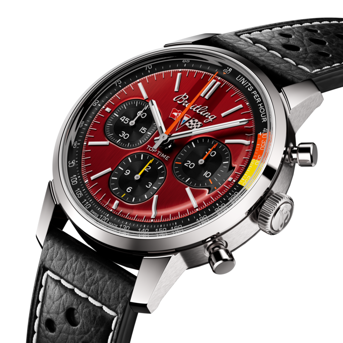 The 1960s was a decade of experimentation, fun, freedom and energy. Whether cruising on a motorcycle or revving up a sportscar, living life at full speed was the order of the day. Willy Breitling felt this change of pace and set out to design an unconventional chronograph that would capture the verve of era. He called it the Top Time.
That spirited tradition continues today with Breitling partnering with some of the coolest names in wheels to create its Top Time designs.
The second-generation Chevrolet Corvette, from the 1963 to 1967 model years, is the most sought-after version of the American legend. The “Sting Ray,” as it was known, took inspiration from a 1959 racing-model prototype. For 60 years, it has captured the imaginations of car lovers around the world with its perfect combination of a low-profile body and a powerful engine that delivers performance whether on the road or on the track.
The Top Time B01 Chevrolet Corvette features the colors and emblem of its classic-car counterpart as well as a perforated leather racing strap, speed-measuring tachymeter scale and contrasting “squircle” (not quite square, not quite round) subdials that give the feel of vintage dashboard gauges. It also comes with a brag-worthy engine under the hood: the exceptional Breitling Manufacture Caliber 01.
