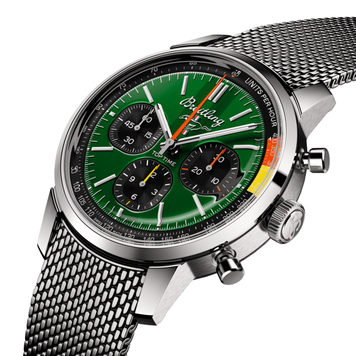 The 1960s was a decade of experimentation, fun, freedom and energy. Whether cruising on a motorcycle or revving up a sportscar, living life at full speed was the order of the day. Willy Breitling felt this change of pace and set out to design an unconventional chronograph that would capture the verve of era. He called it the Top Time.
That spirited tradition continues today with Breitling partnering with some of the coolest names in wheels to create its Top Time designs. The first-generation Ford Mustang, produced from 1964 to 1974, became the car of choice for hitting the road in hip 1960s America. This living legend is still in production, but car buffs know that the coolest of all were those very first models that captured the freewheeling spirit of the sixties.
The Top Time B01 Ford Mustang features the colors and emblem of its classic-car counterpart as well as a perforated leather racing strap, speed-measuring tachymeter scale and contrasting “squircle” (not quite square, not quite round) subdials that give the feel of vintage dashboard gauges. It also comes with a brag-worthy engine under the hood: the exceptional Breitling Manufacture Caliber 01.