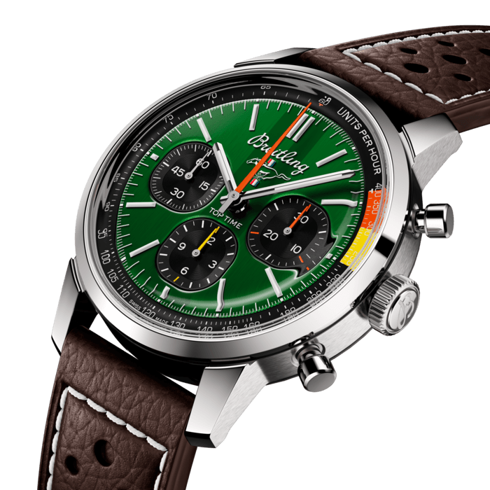 The 1960s was a decade of experimentation, fun, freedom and energy. Whether cruising on a motorcycle or revving up a sportscar, living life at full speed was the order of the day. Willy Breitling felt this change of pace and set out to design an unconventional chronograph that would capture the verve of era. He called it the Top Time.
That spirited tradition continues today with Breitling partnering with some of the coolest names in wheels to create its Top Time designs. The first-generation Ford Mustang, produced from 1964 to 1974, became the car of choice for hitting the road in hip 1960s America. This living legend is still in production, but car buffs know that the coolest of all were those very first models that captured the freewheeling spirit of the sixties.
The Top Time B01 Ford Mustang features the colors and emblem of its classic-car counterpart as well as a perforated leather racing strap, speed-measuring tachymeter scale and contrasting “squircle” (not quite square, not quite round) subdials that give the feel of vintage dashboard gauges. It also comes with a brag-worthy engine under the hood: the exceptional Breitling Manufacture Caliber 01.