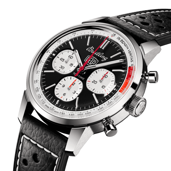 The 1960s was a decade of experimentation, fun, freedom and energy. Whether cruising on a motorcycle or revving up a sportscar, living life at full speed was the order of the day. Willy Breitling felt this change of pace and set out to design an unconventional chronograph that would capture the verve of era. He called it the Top Time.
That spirited tradition continues today with Breitling partnering with some of the coolest names in wheels to create its Top Time designs.
Co-designed with Australian surf-and-motorcycle outfitter Deus Ex Machina, the Top Time B01 Deus will appeal to bikers, boarders and backpackers, all looking for the freedom to explore the world their own way, at their own pace.
It features the Deus emblem and adage “In benzin veritas” on the dial as well a perforated leather racing strap, speed-measuring tachymeter scale and contrasting “squircle” (not quite square, not quite round) subdials that give the feel of a vintage dashboard gauge. It also comes with a special lightning-bolt-shaped chronograph hand and, under the hood, a brag-worthy engine: the exceptional Breitling Manufacture Caliber 01.