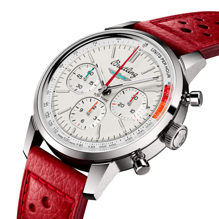 The 1960s was a decade of experimentation, fun, freedom and energy. Whether cruising on a motorcycle or revving up a sportscar, living life at full speed was the order of the day. Willy Breitling felt this change of pace and set out to design an unconventional chronograph that would capture the verve of era. He called it the Top Time.
That spirited tradition continues today with Breitling partnering with some of the coolest names in wheels to create its Top Time designs. The Ford Thunderbird was first unveiled at the 1954 Detroit auto show. It was touted as a fun-to-drive cabriolet that made its presence felt with its luxurious design, solid build and dramatic tailfin.
The Top Time B01 Ford Thunderbird features the colors and emblem of its classic-car counterpart as well as a perforated leather racing strap, speed-measuring tachymeter scale and contrasting “squircle” (not quite square, not quite round) subdials that give the feel of vintage dashboard gauges. It also comes with a brag-worthy engine under the hood: the exceptional Breitling Manufacture Caliber 01.