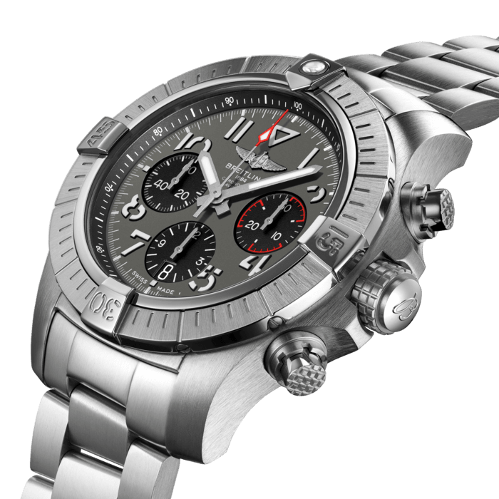 Bold, extremely robust and shock resistant, the Avenger B01 Chronograph 45 combines precision with a powerful design. As a true Breitling Avenger, it can be used wearing gloves and offers unrivalled safety and reliability to any airborne adventurer. The Avenger B01 Chronograph 45 features a sturdy 45mm stainless steel case, anthracite or blue dial and a choice of a stainless steel bracelet, or matching black or blue military leather strap that fits either a stainless steel pin buckle or folding clasp. Thanks to its rugged bezel and its special grip-pattern on the crown and chronograph pushers, the Avenger B01 Chronograph 45 can be easily operated wearing gloves. This edition is limited to 500 pieces.