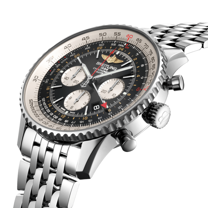 In creating this chronograph with a traveler’s soul, Breitling decided to think big. Great comfort with the ingenious Manufacture Breitling Caliber B04, visible through the transparent caseback and equipped with revolutionary entirely crown-adjustable dual timezone system. A large size with an imposing 48 mm-diameter steel case and a perfectly legible ‘instrument panel’. Equipped with the famous aviation slide rule, the Navitimer GMT is also available in a red gold limited series. New horizons for a legendary model.
