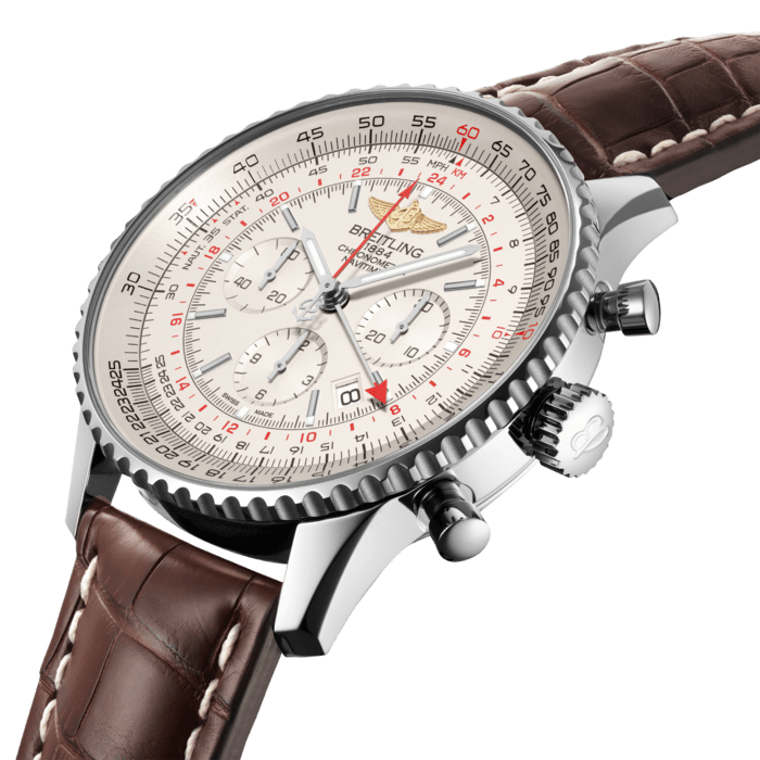 In creating this chronograph with a traveler’s soul, Breitling decided to think big. Great comfort with the ingenious Manufacture Breitling Caliber B04, visible through the transparent caseback and equipped with revolutionary entirely crown-adjustable dual timezone system. A large size with an imposing 48 mm-diameter steel case and a perfectly legible ‘instrument panel’. Equipped with the famous aviation slide rule, the Navitimer GMT is also available in a red gold limited series. New horizons for a legendary model.