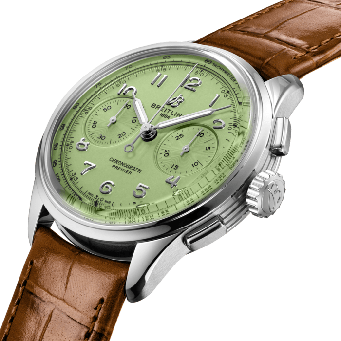 Paying homage to three generations of inventors – Léon, Gaston & Willy Breitling – the Premier Chronograph embodies Breitling’s legacy of inventing the modern Chronograph. As Willy Breitling said, the Premier is an “unmistakable stamp of impeccable taste”.
This latest generation of Premier chronographs brings its timeless elegance back to life, and showcases Breitling’s highest level of watchmaking thanks to a range of iconic Premier complications: the Chronograph, the Duograph and the Datora.
Featuring rectangular chronograph pushers, bi-compax chronograph look and Arabic numerals, the heritage-revived Premier chronographs display a variety of elegant design details such as grooves on the case-sides, open sapphire casebacks and vintage-inspired hands.
The Chronograph comes in two variations: in stainless steel with a pistachio green dial and a gold brown alligator strap or in 18k red gold with a silver dial and a brown alligator strap. The Chronograph is powered by the manually wound cosc-certified Breitling Manufacture Caliber B09.