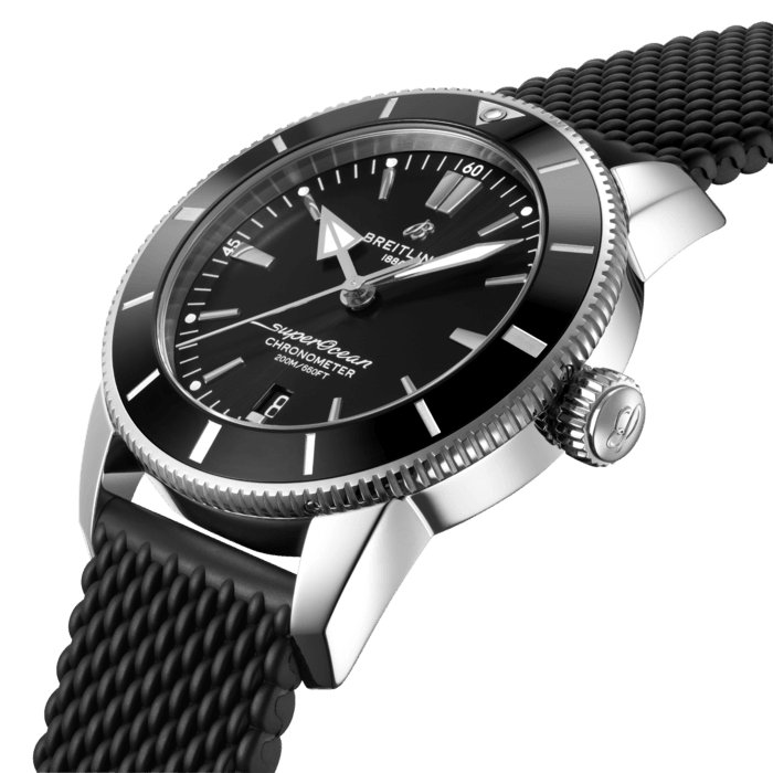 Inspired by the original Superocean from the 1950s, the Superocean Heritage combines iconic design features with a modern touch. Sporty and elegant, the Superocean Heritage is a true embodiment of style at sea.
Featuring the iconic triangular-shaped hands as well as a unidirectional bezel with a polished ceramic ring, the Superocean Heritage is an elegant looking diver’s watch. Available in a variety of sizes and materials including stainless steel and 18k red gold, the Superocean Heritage B20 Automatic features a range of black or blue dials. Offered either with a matching mesh bracelet, or a “mesh-styled” rubber strap fitting a folding buckle, this Superocean Heritage is powered by the Breitling Manufacture Caliber B20, a COSC-certified chronometer based on the Tudor Caliber MT5612.