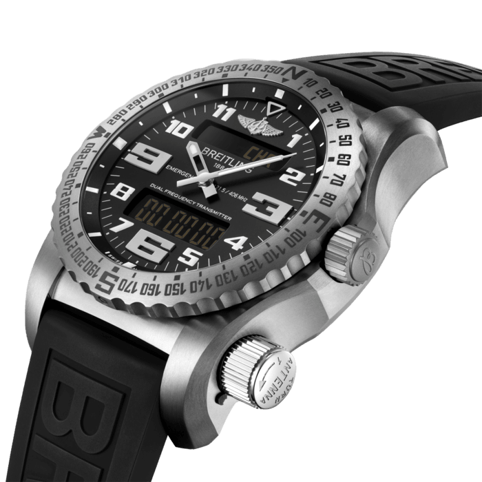 The Emergency is the world’s first wristwatch equipped with an authentic dual-frequency distress beacon. It’s the indispensable safety and survival instrument for adventurers on any given mission.
Breitling has made a name for itself at the forefront of innovation by creating the Emergency. A marvel of miniaturization and technical sophistication, the Emergency is the first wristwatch to be equipped with an authentic dual-frequency distress beacon. Once activated, the distress beacon will emit an alert signal that will guide rescue operations. Available both in titanium and DLC-coated titanium, the Emergency features a black dial paired either with a matching titanium bracelet, or a rubber strap fitting a folding buckle. Powered by the Breitling Caliber 76, a COSC-certified SuperQuartz™ chronograph, the Emergency features a rechargeable battery, a miniaturized transmitter, and an original integrated antenna system.