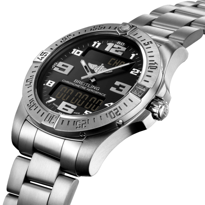 In 1985, Breitling launched the Aerospace, an innovative, multifunction chronograph equipped with state-of-the-art Swiss technology. Heir to this legendary model, the Aerospace Evo retains the same powerful, dynamic and technical style – combined with the latest electronic developments. Equipped with an officially chronometer-certified SuperQuartz™ caliber, it is distinguished by a user-friendly control system with crown-activated functions including 1/100th of a second chronograph, countdown timer, second time zone, alarm, audible time signal (minute repeater) and calendar.