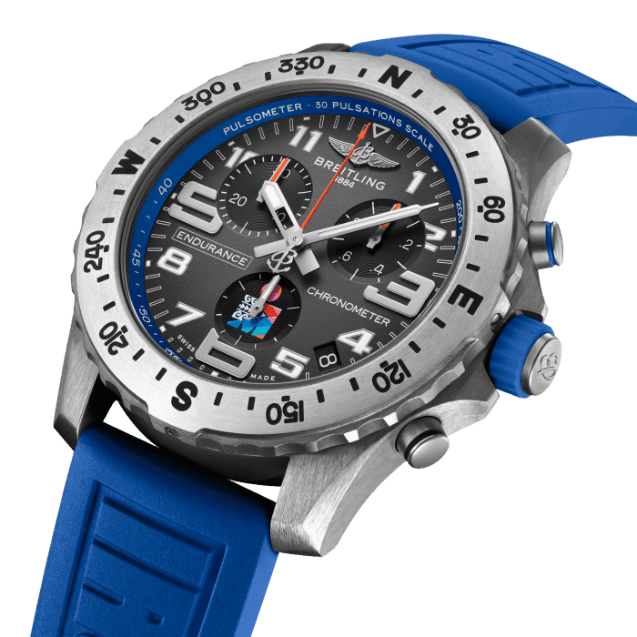 Breitling’s IRONMAN® World Championship edition lightweight titanium Endurance Pro watch.
On your toughest stretches and your steepest climbs, what drives you to push to the finish? You have the mental ammunition to keep you going. Let your Endurance Pro IRONMAN® edition be another tool in your arsenal.
The Endurance Pro was designed for elite triathletes, but works just as well as a stylish sports chronograph for everyday wear. With its rubber strap and 100m water resistance, the Endurance Pro IRONMAN performs just as well in water as it does on land. And each one is powered by Breitling’s Caliber 82, a COSC-certified SuperQuartz™ movement that provides exceptional accuracy. Combine that with its easy readability, chronograph function and solar compass, and you have a powerful motivator for crossing the finish line.
Limited to just 250 pieces, this unique collectable edition is our premium Endurance Pro model. Its distinctive design features the IRONMAN® World Championship logo and color scheme, and it’s the first to be made of titanium, a robust material 2.2 times lighter than stainless steel. Make this performance watch a reward for your achievement or let it be your incentive to conquer the challenge ahead. Either way, it’s a keepsake that will serve as a constant reminder of all that you put in to become an IRONMAN.