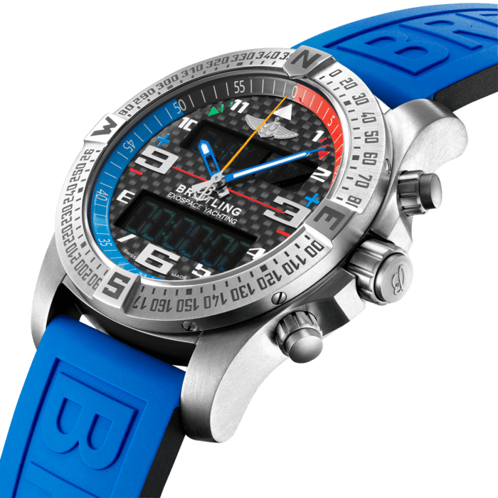 In creating its first connected chronograph, Breitling places the smartphone in the service of the watch so as to enhance its functionality. The Exospace B55 houses an exclusive caliber equipped with a range of original functions tailor-made for pilots and yachtsman: an electronic tachymeter, a ”countdown/countup“ system, a “chrono flight” and “chrono regatta” device for recording flight and regatta times, respectively, while memorizing departure and arrival times. The user-friendliness of this model is enhanced by the simple and logical control mode, and two ultra-legible LCD screens with backlighting system that can be activated by pressing the crown or tilting the wrist. This futuristic, high-tech innovation features a titanium case with rider-tab bezel as well as a sturdy, sporty strap.
