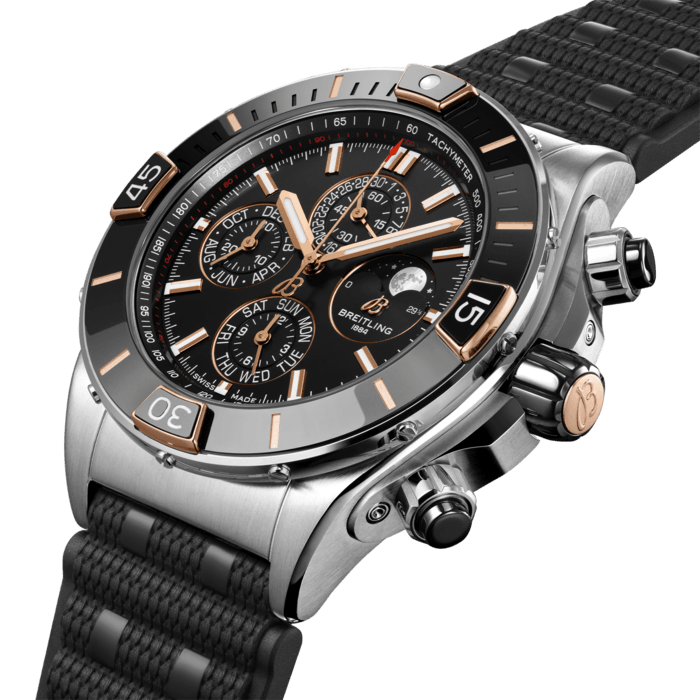 Breitling’s supercharged watch for your every pursuit, with a four-year calendar.
The Super Chronomat is inspired by the original 1980s Chronomat that Breitling created for the hotshots of aerobatic squadrons. The boldest of all Chronomat watches, the Super Chronomat features several ceramic inserts – on the bezel, on the chronograph pushers and on the crown – as well as a Rouleaux-inspired rubber strap. Still, this all-purpose sports watch won’t get in the way of your sense of style.
The Super Chronomat comes in several colour and metal variations, from stainless steel to 18 k red gold. It either features the iconic Rouleaux bracelet or a rubber Rouleaux-inspired strap, matched with a folding clasp. The Super Chronomat 44 Four-Year Calendar is powered by the Breitling Calibre 19, a COSC-certified chronometer with a semi-perpetual calendar mechanism that needs adjusting just once every leap year – or every 1,461 days.