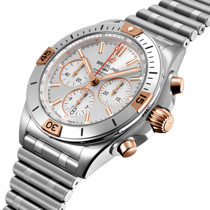 Breitling’s all-purpose watch for your every pursuit.
The Chronomat holds a significant place in Breitling’s history. Introduced in 1984, at a time where extra-thin quartz timepieces were the order of the day, Breitling placed a bold bet on an impressively proportioned mechanical watch.
Based on the Frecce Tricolori chronograph, which had been developed and launched in 1983 in collaboration with the famed Italian aerial squadron, the Chronomat celebrated Breitling’s centenary in style and marked the return of the mechanical chronograph to its rightfully prominent place at the brand which had built its global reputation on these incredible watches.
Available in a variety of materials including stainless steel and 18k red gold, the Chronomat features a 42 mm case and the iconic bezel with the four rider tabs. Available with a range of black, blue, silver, and copper dials, the Chronomat is matched to the signature “Rouleaux” bracelet and is powered by the in-house Breitling Manufacture Caliber 01, a COSC-certified chronometer.