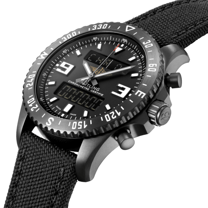 With its powerful titanium or steel case, the Chronospace military combines exceptional design, sophisticated technology and the capacity to withstand the most extreme conditions. The bidirectional rotating bezel ensures excellent grip, while large square numerals along with the luminescent, oversized hands and hour markers guarantee optimal legibility. The extreme precision of the time display and short-time measurements is ensured by a SuperQuartz™ caliber, chronometer-certified by the COSC.