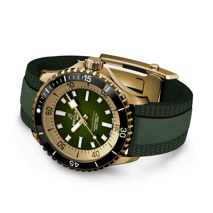 Performance and style for all your water-based pursuits.
In the 1960s, the new sport of scuba diving was all the rage. For divers, timing was everything, and Breitling set out to give them the most clear-cut dive watch possible by eliminating any feature that didn’t support their lifesaving needs underwater. This pared-down watch was named the Slow Motion. What remained were clean lines, chunky luminescent indexes, squared-off hands and a high-contrast dial ring, all aimed at maximum legibility. Practical, yes. But what people really fell in love with was the look.
The new Superocean retraces the Slow Motion's celebrated design codes, while adding modern features, like a ceramic-inlayed bezel and brightly colored dials. Broad hands and indexes in luminescent Super-LumiNova® allow for easy readability underwater. The watch is water resistant to 300 m (1000 ft), as well as being shock-, sand- and saltwater-resistant. The bronze version uses a special alloy that has excellent resistance to corrosion, yet will still develop a subtle patina over time that makes the watch even more unique. The two strap options (rubber and metal bracelet) have a folding clasp that allows for micro-adjustments of up to 15 mm for easy wear over rashies and wetsuits. Its scratch-proof ceramic inlayed bezel will never wear or fade. For safety, the bezel is uni-directional on most sizes and bi-directional with a patented lock on the 46 mm.
Best of all, this is no longer strictly a dive watch—surf with it, swim with it, hit the beach bar with it, then wear it out to dinner. The Superocean perfectly balances the nostalgia of its heritage with a fresh new look.