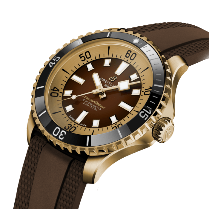 Performance and style for all your water-based pursuits.
In the 1960s, the new sport of scuba diving was all the rage. For divers, timing was everything, and Breitling set out to give them the most clear-cut dive watch possible by eliminating any feature that didn’t support their lifesaving needs underwater. This pared-down watch was named the Slow Motion. What remained were clean lines, chunky luminescent indexes, squared-off hands and a high-contrast dial ring, all aimed at maximum legibility. Practical, yes. But what people really fell in love with was the look.
The new Superocean retraces the Slow Motion's celebrated design codes, while adding modern features, like a ceramic-inlayed bezel and brightly colored dials. Broad hands and indexes in luminescent Super-LumiNova® allow for easy readability underwater. The watch is water resistant to 300 m (1000 ft), as well as being shock-, sand- and saltwater-resistant. The bronze version uses a special alloy that has excellent resistance to corrosion, yet will still develop a subtle patina over time that makes the watch even more unique. The two strap options (rubber and metal bracelet) have a folding clasp that allows for micro-adjustments of up to 15 mm for easy wear over rashies and wetsuits. Its scratch-proof ceramic inlayed bezel will never wear or fade. For safety, the bezel is uni-directional on most sizes and bi-directional with a patented lock on the 46 mm.
Best of all, this is no longer strictly a dive watch—surf with it, swim with it, hit the beach bar with it, then wear it out to dinner. The Superocean perfectly balances the nostalgia of its heritage with a fresh new look.