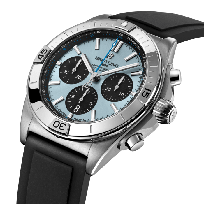 Breitling’s all-purpose watch for your every pursuit.
The Chronomat holds a significant place in Breitling’s history. Introduced in 1984, at a time where extra-thin quartz timepieces were the order of the day, Breitling placed a bold bet on an impressively proportioned mechanical watch.
Based on the Frecce Tricolori chronograph, which had been developed and launched in 1983 in collaboration with the famed Italian aerial squadron, the Chronomat celebrated Breitling’s centenary in style and marked the return of the mechanical chronograph to its rightfully prominent place at the brand which had built its global reputation on these incredible watches.
Available in a variety of materials, the Chronomat features a 42 mm case and the iconic bezel with the four rider tabs. This specific version features a stainless steel case with a platinum bezel plate matched to an Ice Blue dial. Available with a rubber strap only, this Chronomat is powered by the in-house Breitling Manufacture Caliber 01, a COSC-certified chronometer.