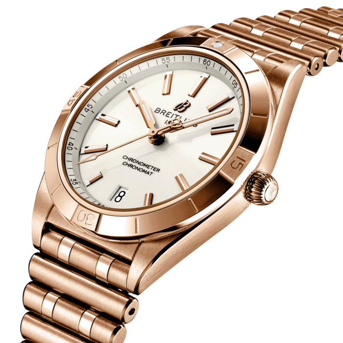 Stylish yet elegant, the modern-retro inspired Chronomat Automatic 36 is the versatile sporty and chic watch for any occasion.
It is available in an array of metal cases, from cool stainless steel, to goes-with-everything bicolor, or even luxurious 18k red gold. Women craving extra sparkle will also be able to opt for diamond-set bezels, indices, and colorful dials. Featuring Breitling’s iconic and comfortable “Rouleaux” bracelet with a butterfly clasp, the Chronomat Automatic 36 is powered by the Breitling Caliber 10, a COSC-certified chronometer.
