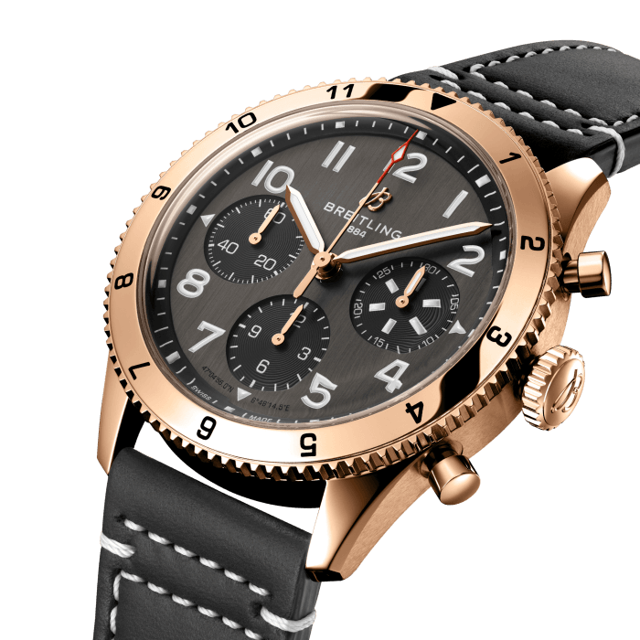From brave first takeoffs to the birth of commercial air travel, Breitling’s history is inseparable from that of flight. In the 1930s, Breitling’s Huit Aviation department made its name inventing precision cockpit clocks. Two decades later, it introduced yet another novel flight instrument, this time in wearable form: the Ref. 765 AVI. That pioneering pilot’s watch provided the technical backdrop for today’s Classic AVI, a collection inspired by the rugged spirit of famed early aircraft.
The Classic AVI P-51 Mustang honors one of those legends. When the aircraft was built in a mere 120 days, even its developer North American Aviation, didn’t anticipate what a powerhouse it had on its hands. The P-51’s low-drag wings and engine-cooling system—considered experimental when the single-seat fighter first took off in 1940—gave it unprecedented speed and range. The addition of a Merlin engine, expanded the plane’s performance to high altitudes, making it the best all-purpose fighter of its time.
As a true pilot’s watch designed to withstand the rigors of a vintage cockpit, the Classic AVI P-51 Mustang features large, highly legible Arabic numerals on the dial and bezel.
The knurled bezel on the 42mm case provides optimal grip, even in a pilot’s gloved hands. Top-stitched calfskin straps give a nod to the seams found on classic flight gear, while the stainless-steel bracelet provides an elegant alternative. Pilots and other travelers will appreciate its legibility, wearability, and understated style. The engine of the Classic AVI is the COSC-certified Breitling Caliber 23 movement, which provides approximately 48-hours of power reserve.