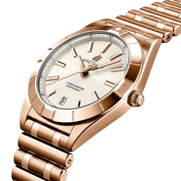 Stylish yet elegant, the modern-retro inspired Chronomat 32 is the versatile sporty and chic watch for any occasion.
It is available in an array of metal cases, from cool stainless steel, to goes-with-everything bicolor, or even luxurious 18k red gold. Women craving extra sparkle will also be able to opt for diamond-set bezels, indices, and colorful dials. Featuring Breitling’s iconic and comfortable “Rouleaux” bracelet with a butterfly clasp, the Chronomat 32 is powered by the Breitling Caliber 77, a COSC-certified SuperQuartz™ chronometer.