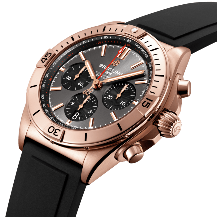 Breitling’s all-purpose watch for your every pursuit.
The Chronomat holds a significant place in Breitling’s history. Introduced in 1984, at a time where extra-thin quartz timepieces were the order of the day, Breitling placed a bold bet on an impressively proportioned mechanical watch.
Based on the Frecce Tricolori chronograph, which had been developed and launched in 1983 in collaboration with the famed Italian aerial squadron, the Chronomat celebrated Breitling’s centenary in style and marked the return of the mechanical chronograph to its rightfully prominent place at the brand which had built its global reputation on these incredible watches.
The Chronomat features a 42 mm case and the iconic bezel with the four rider tabs. Here in 18k red gold with an anthracite dial, the Chronomat is matched to a black rubber strap and is powered by the in-house Breitling Manufacture Caliber 01, a COSC-certified chronometer.