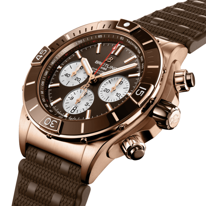 Breitling’s supercharged watch for your every pursuit.
The Super Chronomat is inspired by the original 1980s Chronomat that Breitling created for the hotshots of aerobatic squadrons. The boldest of all Chronomat watches, the Super Chronomat features several ceramic inserts – on the bezel, on the chronograph pushers and on the crown – as well as a Rouleaux-inspired rubber strap. Still, this all-purpose sports watch won’t get in the way of your sense of style.
The Super Chronomat comes in several colour and metal variations, from stainless steel to 18 k red gold. It either features the iconic Rouleaux bracelet or a rubber Rouleaux-inspired strap, matched with a folding clasp. The Super Chronomat B01 44 is powered by the Breitling Manufacture Calibre 01, a COSC-certified chronometer.